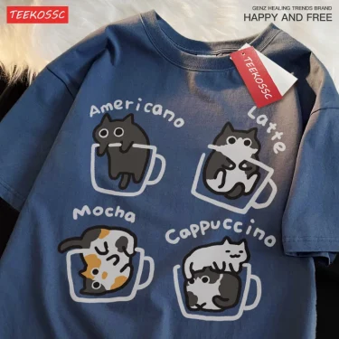 Cat Coffee Pure Cotton Trendy Summer Loose Short Sleeved T-shirt Men Women Original Mocha Latte Cat Three Flowers Fun Cat Tees 1