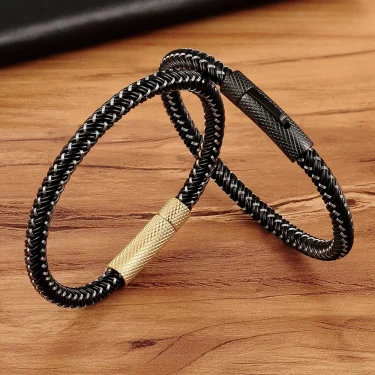 XQNI Punk Threaded Button Metal Weaving Bracelet for Men Women Stainless Steel Twining Classic Style Charm Black High Quality 2