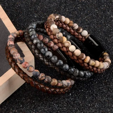 Natural Stone Bracelet Genuine Leather Braided Bracelets Black Stainless Steel Magnetic Clasp Tiger eye Bead Bangle Men Jewelry 5