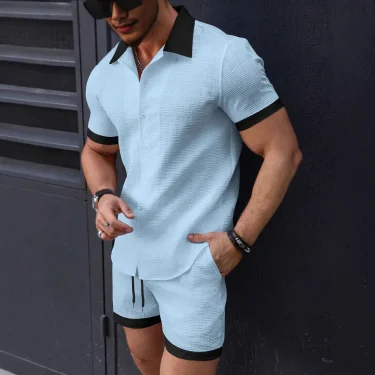 2025 Spring and summer new European and American fashion casual men's shirt color short-sleeved shorts beach suit 2