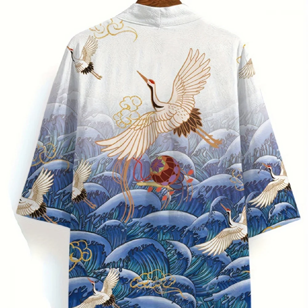 Animal Bird Patterns Crane Waves Asian Traditional Costume Print Kimono Men Women Yukata Haori Harajuku Cosplay Cardigan Costume 6