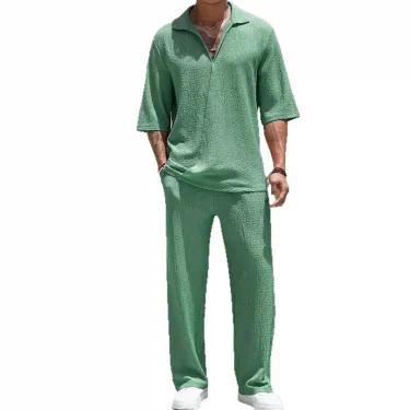 2025 spring and summer new hot selling men's casual silky fabric shirt solid color half sleeve trousers two-piece set 3
