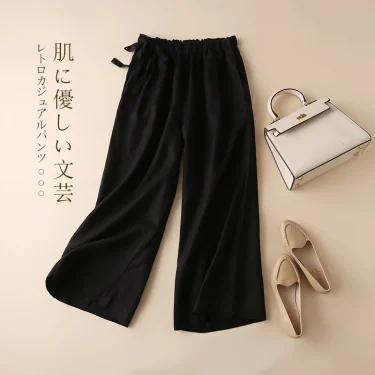 New Italy 100% Linen Pants Women Brand Trousers For Girls Casual Breathable Elastic Waist Wide Leg Plus Size M-3XL Pantalones 1