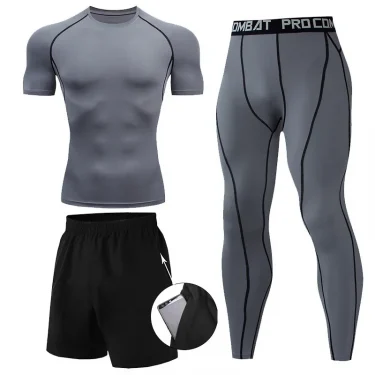 New Fashionable Long Sleeve Long Pants Three-piece Set Men's Running Fitness Clothes Quick Dry Sports Suit Tight Clothing 2