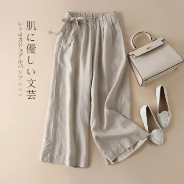 New Italy 100% Linen Pants Women Brand Trousers For Girls Casual Breathable Elastic Waist Wide Leg Plus Size M-3XL Pantalones 4