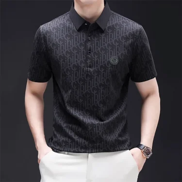 New Men's Business Casual Short Sleeved Shirt with Badge Solid Color Polo Shirt Fashionable Breathable Comfortable Versatile Top 3