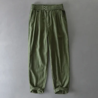 Elastic Waist Relax Fit Linen Cotton Pants for Men 2025 Spring Summer Vintage Breathable Casual Straight Soft Washed Trousers 3