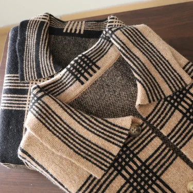 100% Merino Wool Men's Lapel Collar Knit Cardigan Coat 2025 Spring/ Autumn New POLO Neck Grid Suit Shirt Cashmere Jacket Sweater 6