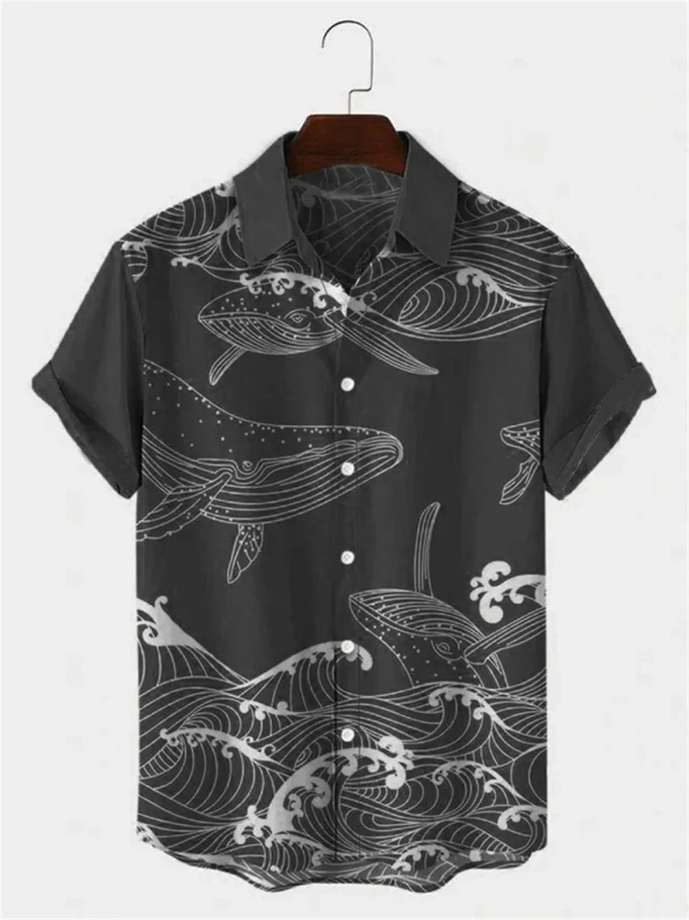 Hawaiian Men's Short Sleeve Shirt Whale Spray Print Beach Fashion Lapel Top 2024 New Large Size Casual 1