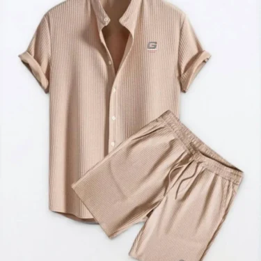 2025 Men's Casual Loose Multi-color Beachwear • Corduroy Short Sleeve Shorts Two-Piece Set • Han-style Collar Applique Top 2