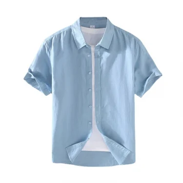 Cotton Linen Hot Sale Men's Short-Sleeved Shirts Summer Streetwear Plain Color Stand Collar Casual Beach Style Plus Size M-3XL 5