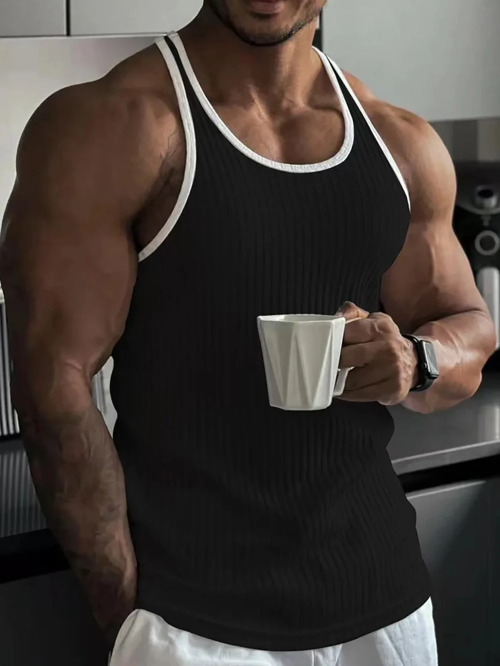 Men's quick drying elastic fitness clothes gym runningslim fit vertical stripessleeveless fashion summer new style 1