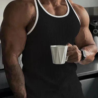 Men's quick drying elastic fitness clothes gym runningslim fit vertical stripessleeveless fashion summer new style 1