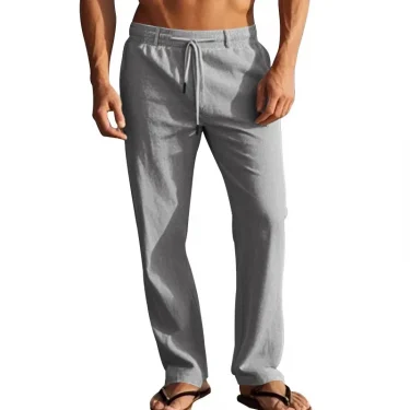 2024 drawstring men's simple fashion solid color casual cotton and linen straight trousers 3