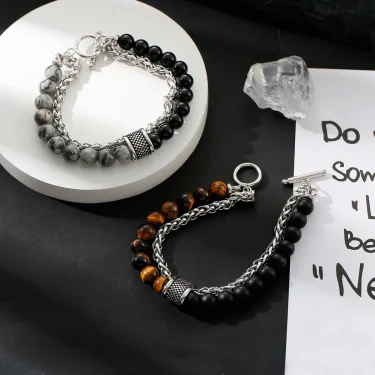 Natural Stone Tiger Eye Stainless Steel Chain OT Button Double Bead Bracelet For Men Hand Chain Accessories 2025 New 5