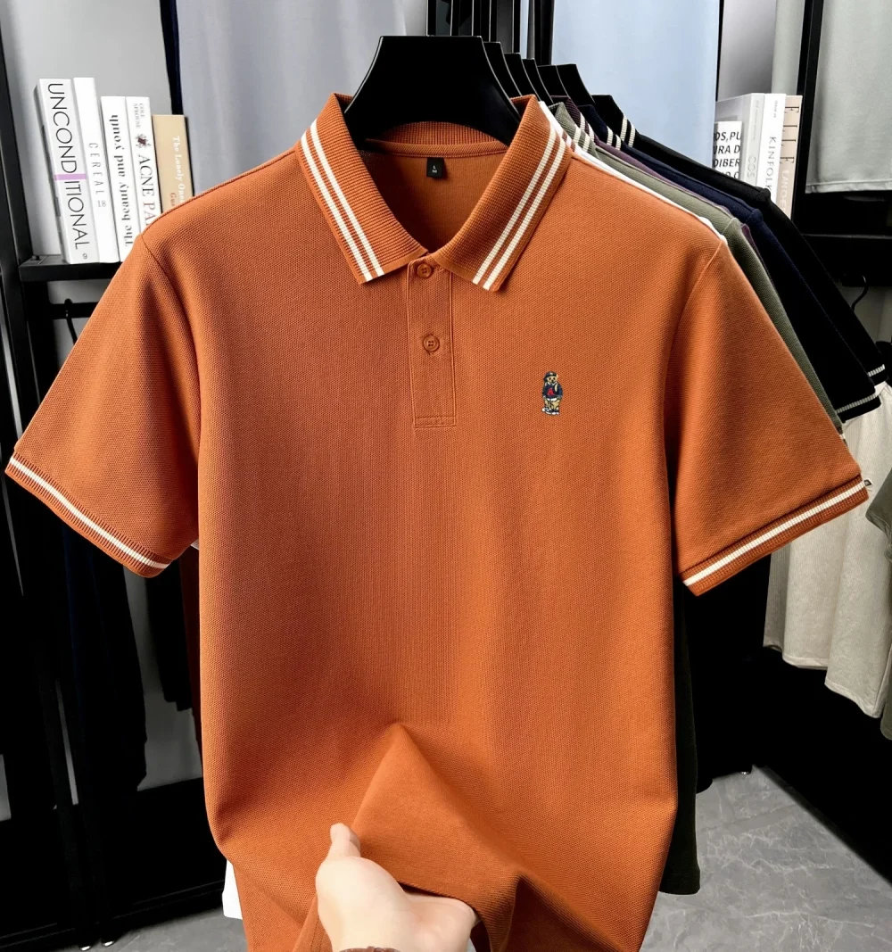 100% pure cotton summer mens original design embroidered bear short sleeve new fashion hot selling polo shirt breathable T-shirt 1