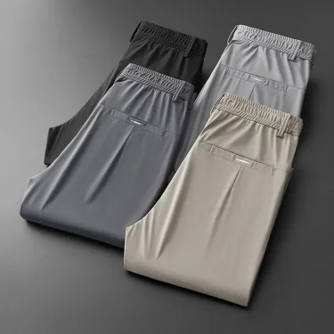 Ultra-thin Elastic Men's Casual Trousers Summer Quick-drying Ice Silk Slim Straight Business Solid Color Trousers Black Gray 6