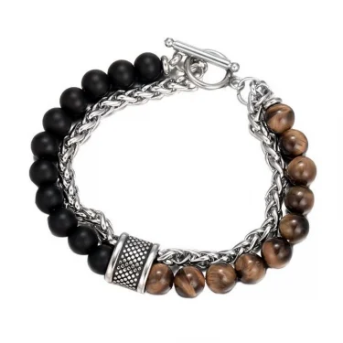Natural Stone Tiger Eye Stainless Steel Chain OT Button Double Bead Bracelet For Men Hand Chain Accessories 2025 New 6