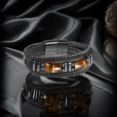 Tiger Eye Black Leather Bracelet Men Natural Gemstone Crystal Stone Jewelry Handmade Courage Stress Relief Protection Bracelet 5