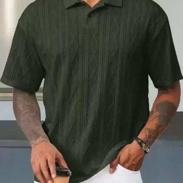 2025 New style summer men's fashion textured line short-sleeved POLO shirt Casual lapel solid color jacquard top 6