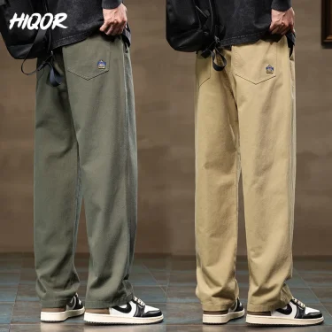 HIQOR Men Casual Pants Fashion Jogger Pant Loose Straight Wide Leg Trousers Cotton Vintage Cargo Pants Man Solid Streetwear Men 1