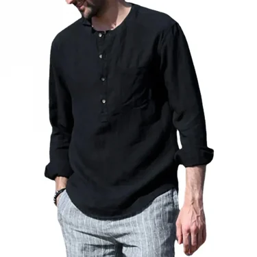 Cotton Line Hot Sale Men's Long-Sleeved Shirts Summer Solid Color Stand-Up Collar Casual Beach Style Plus Size 4