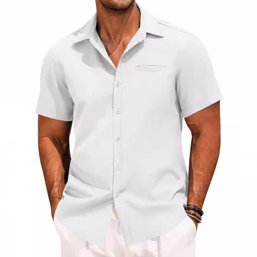 2025 New Men's Shirt Button Short-sleeved Lapel Office Casual Top Fashion Simple Invisible Pocket Blouses 3