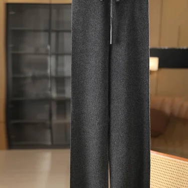 Women’s Wool Wide Leg Pants Striped Elastic Waist Cashmere Autumn Winter Chic Simple 100% Merino Wool Knitwear Casual Trousers 3