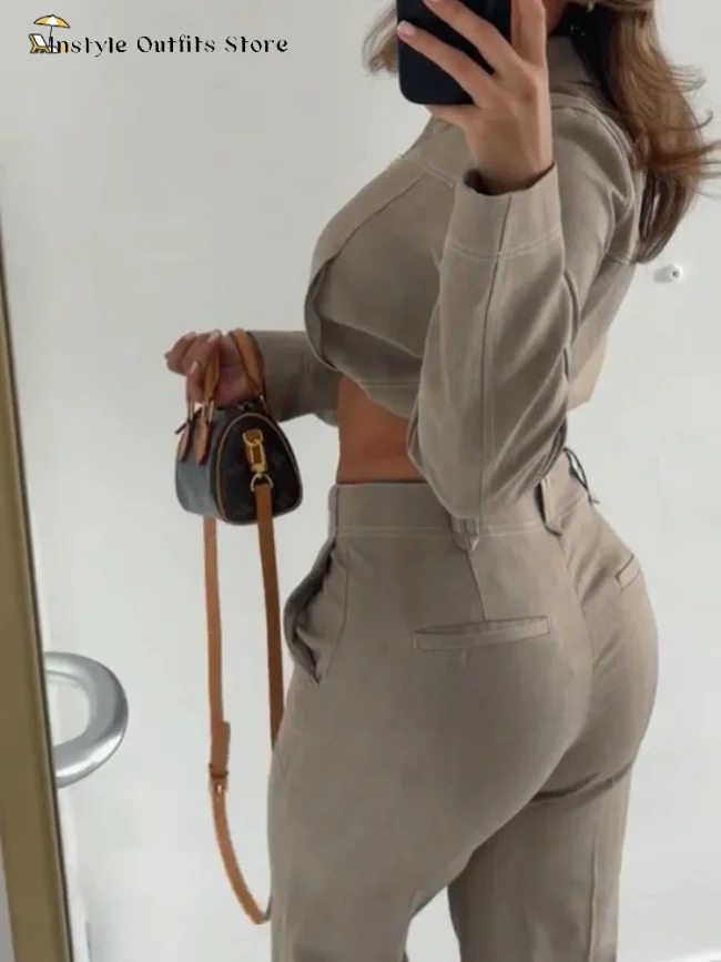 Casual Trousers Set Women Cotton Linen Lapel Zippers Crop Top Straight Pants Sets Lady Spring Autumn Solid Suit Woman Streetwear 2