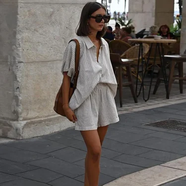 Casual Stripe Shorts Set Women's Loose Single Breasted Half Sleeve Shirt High Waist Short Pant 2025 Summer New Lady Holiday Suit 6