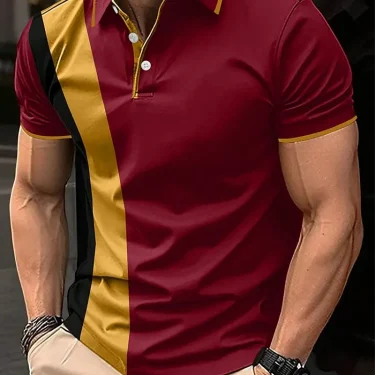 Men Polo T-Shirt Button Up Polos Casual Sports Lapel Short Sleeve Fashion Basic Color Block Patchwork Summer Men's Clothing 2