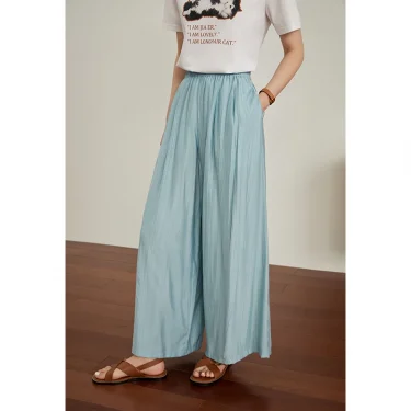 DUSHU【3 Colors】Women Summer Thin Trousers Sunpant Cool draped Long Pants Black Full Length Office Lady Elastic Waist Trouser 4