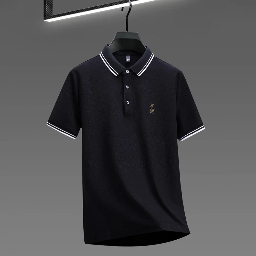 Fashion cartoon bear embroidery 100% cotton short sleeve polo shirt brand new stripe decoration lapel T-shirt comfort men's wear 5