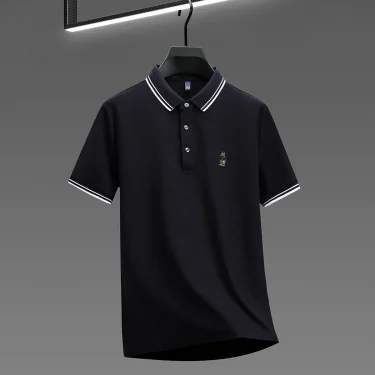 Fashion cartoon bear embroidery 100% cotton short sleeve polo shirt brand new stripe decoration lapel T-shirt comfort men's wear 5