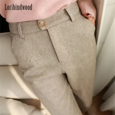 Woolen Pants Women's Harem Pencil Pants Autumn Winter High Waisted Casual Suit Pants Office Lady Women Trousers 2
