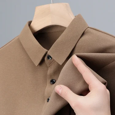 Men's Fashion Waffle Solid Long Sleeved Polo Shirt Summer Breathable Comfortable Top 2