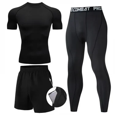 New Fashionable Long Sleeve Long Pants Three-piece Set Men's Running Fitness Clothes Quick Dry Sports Suit Tight Clothing 1