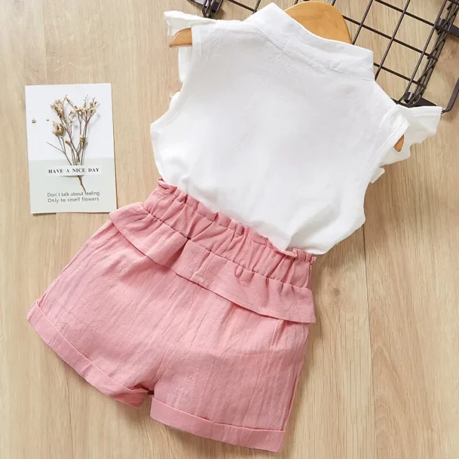 Girls Clothes Summer Flying Sleeved Round Neck Top+bow Solid Color Shorts 2-piece Set Pure Cotton Embroidered Flower Shirt Sets 4