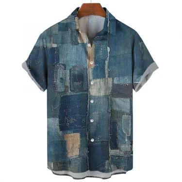 Fashion Patchwork Design Printed Pattern Men Women Short Sleeve Shirts Fashion Tops Casual Button Down Shirt Tops 5