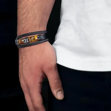 Tiger Eye Black Leather Bracelet Men Natural Gemstone Crystal Stone Jewelry Handmade Courage Stress Relief Protection Bracelet 6