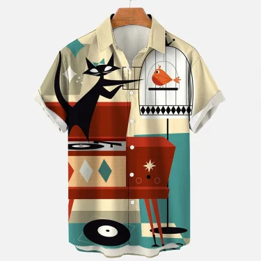 Cartoon Animal Cat Print men's Shirts Summer Anime Vintage Clothing Lapel Hawaiian Beach Shirt Men's Casual Short Sleeved Tops 5
