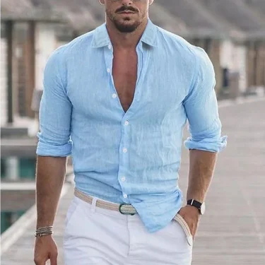 Spring Autumn Men's Quality Shirt Pure Cotton Single Breasted Hawaii Vacation Casual Loose Solid Color Lapel Long Sleeve Tops 1