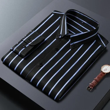 Summer M-5XLMen's Shirt Long Sleeve Slim Fit Stripe Business Gentlemen's Inner Layer Shirt Non Iron Wrinkle Resistant Shirt 1