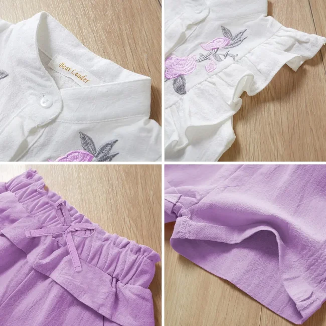 Girls Clothes Summer Flying Sleeved Round Neck Top+bow Solid Color Shorts 2-piece Set Pure Cotton Embroidered Flower Shirt Sets 6