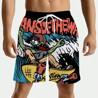 1pc Plus Size Men's Casual Sports Style Surfing Pattern Drawstring Waist Shorts with Pockets, Suitable Beach Vacation and Travel 2