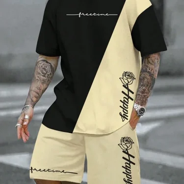 Retro Printed Men's T Shirt And Shorts Set Summer Trend Daily Urban Street Style Two Piece Round Neck Comfortable Outfit For Men 2