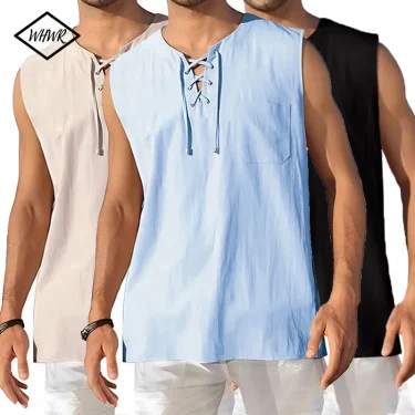 Men's Lightweight Tank Tops Sleeveless BreathableT-Shirt Lace-up Design Solid Color Shirt Loose Fit Vest Daily Vest Men Clothing 1