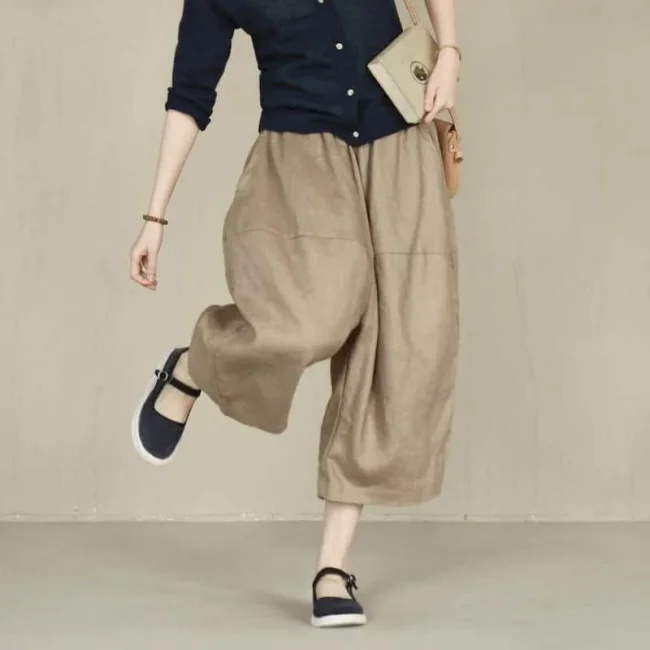 Women Cropped Pants Cotton Linen Solid Elastic Waist Baggy Trousers Loose Casual Streetwear Sweatpants Korean Style Flare Pants 2