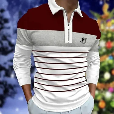 Striped Color Blocked Printed Fashionable Single Item Men's Long Sleeved Top T-shirt Autumn and Winter Men's Zipper Long Sleeved 1