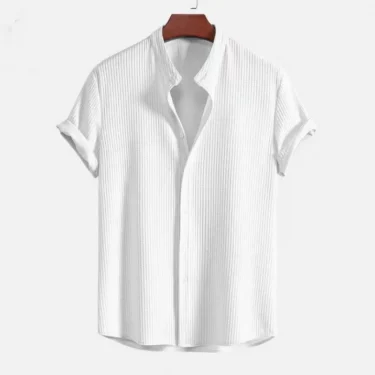 Men's business casual beach short-sleeved T-shirt and shirt, summer fashion trend retro solid-color cardigan jacquard shirt top 2